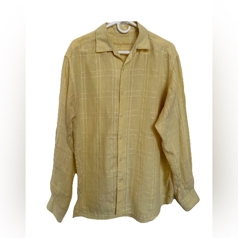 Tommy Bahama Textured Linen Shirt Men's L Yellow Short Sleeve Tropical Resort